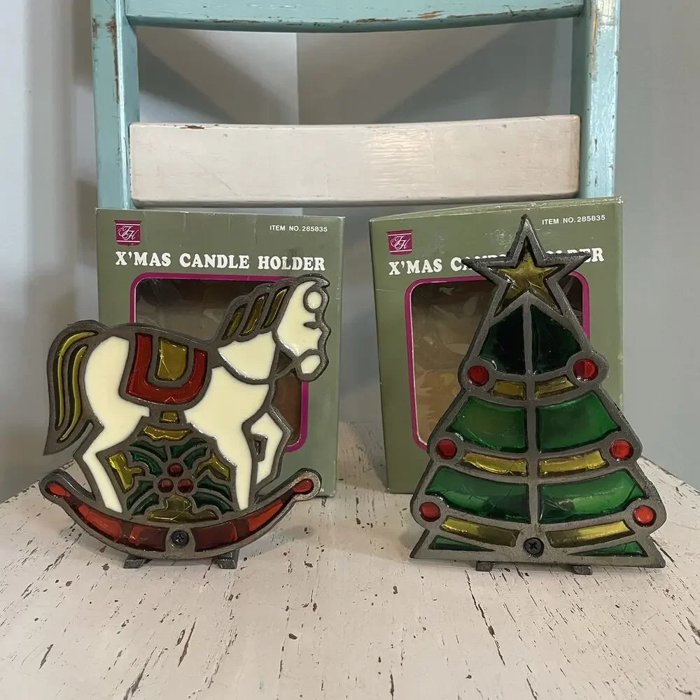 VTG  Stained Glass Christmas Votive Candle‎ Holders Cast Iron Rocking Horse Tree